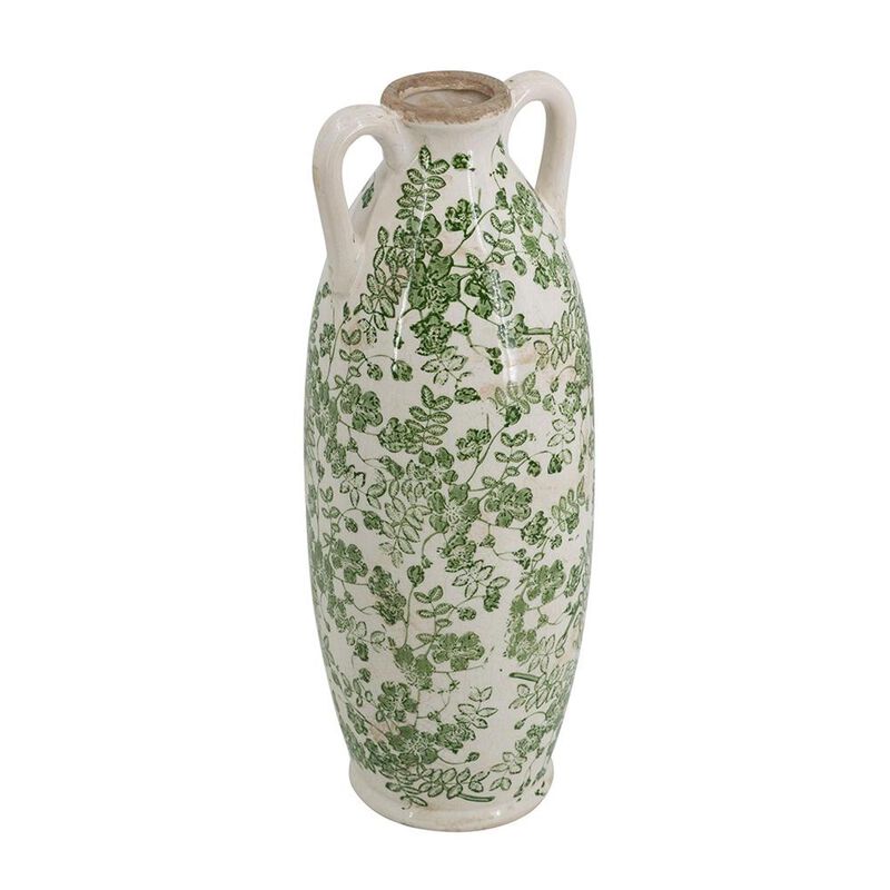 HomeRoots 16" Green And White Leaf Ceramic Amphora Table Vase image number 0