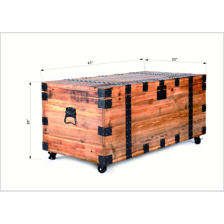 Trunk Table with four wheel Large capacity storage Coffee table, Natural Reclaimed Wood /Black Metal