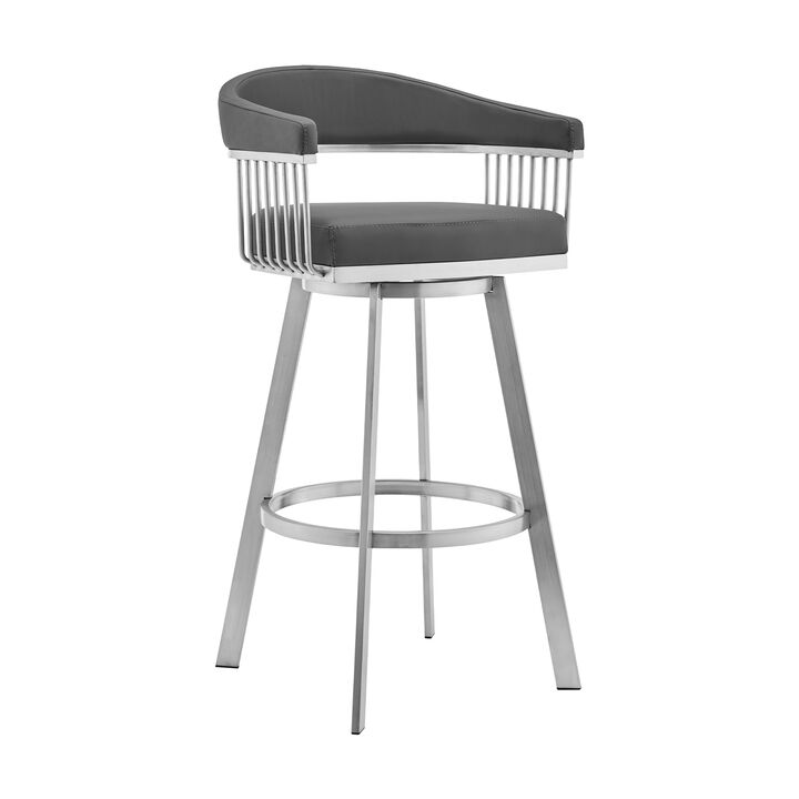 Bronson Bar Height Swivel Bar Stool in Silver finish and White Faux Leather