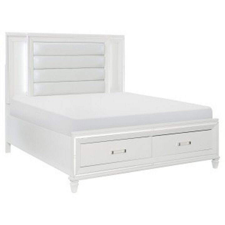 Delcy Queen Platform Bed, LED Headboard, 2 Drawer Footboard, Mirror, White