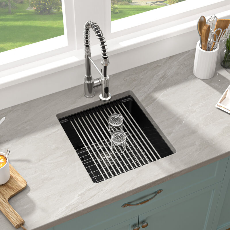 17 in. Undermount Single Bowl Workstation Black Quartz Composite Kitchen Sink Round Corner with Bottom Grid. image number 2