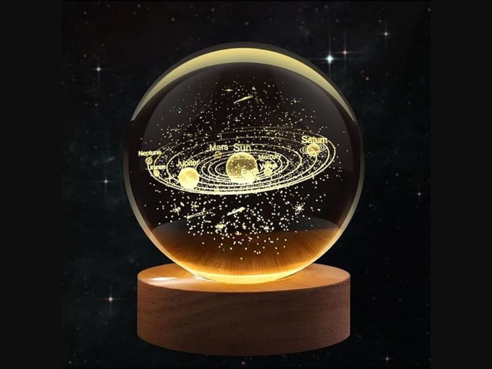 Solar System Crystal Ball Night Light LED Glass Lamp Wood Base Home Decor Gift