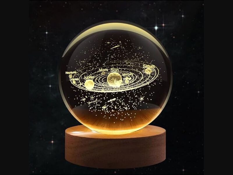 Solar System Crystal Ball Night Light LED Glass Lamp Wood Base Home Decor Gift image number 1
