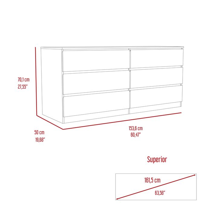 Asteria 6 Drawer Double Dresser, Metal Handles -Light Gray
