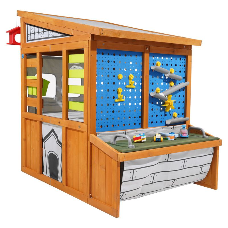 Outdoor Kids Playhouse with Doorbell, Storage Pocket and Gravity Wall Set-Brown image number 3