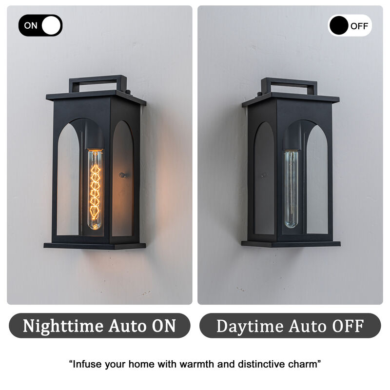 1-Light Modern 13 Inch Outdoor Wall Lantern Black Exterior Sconce with Clear Tempered Glass & Dusk-to-Dawn Sensor for Front Door Porch Light image number 6