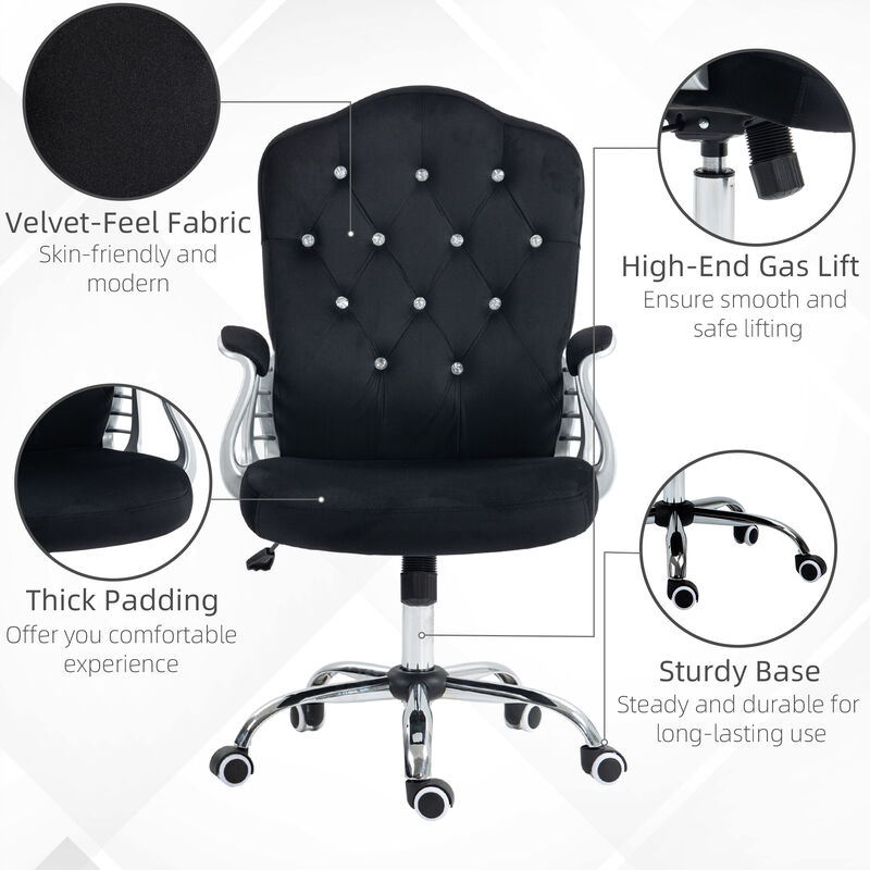 Vinsetto Home Office Chair, Velvet Computer Chair, Button Tufted Desk Chair with Swivel Wheels, Adjustable Height, and Tilt Function, Black