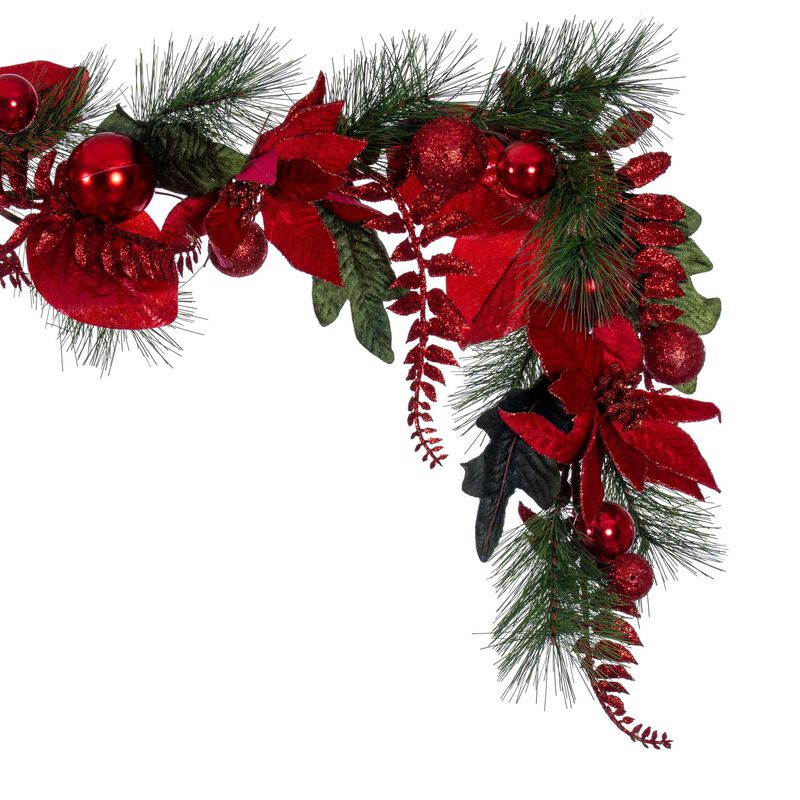 Vickerman 72" Merry Red Poinsettia, Ball, and Fern Decorated Garland. image number 3