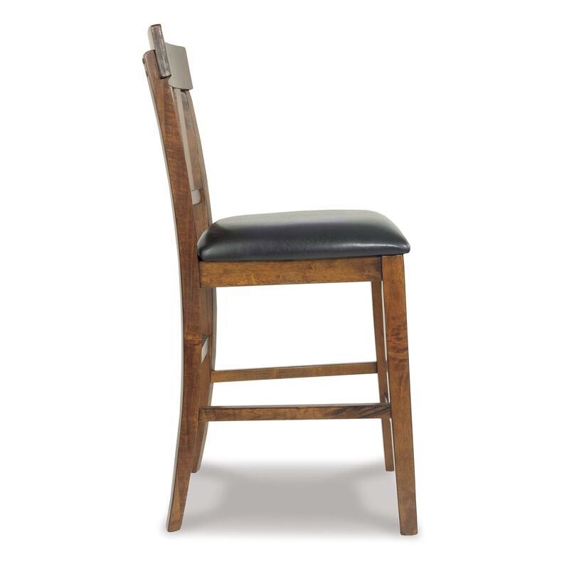 Raly Counter Height Chair Set of 2, Brown Faux Leather, Slatted Back - Benzara
