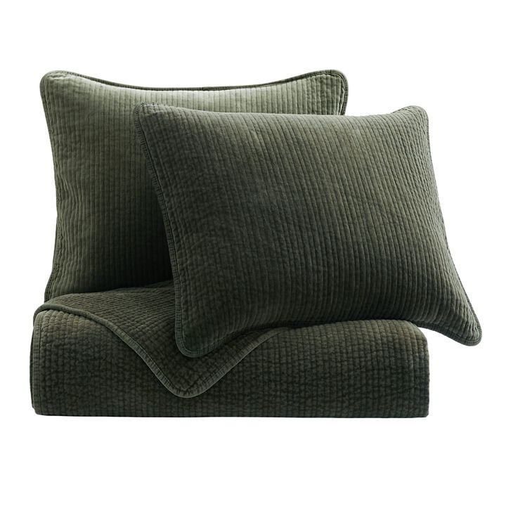 Stonewashed Green Cotton Velvet Full/Queen Quilt Set