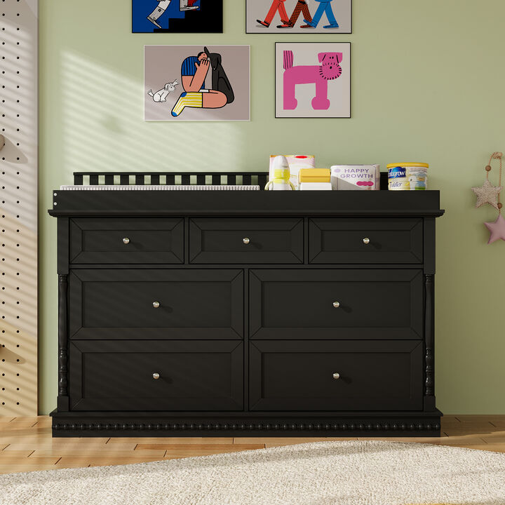 FUFU&GAGA Modern Changing Table with 7 Drawers, Removable Pine Fence, Anti-Tip Design, (56.5 in. W x 19.3 in. D x 40 in. H), Black