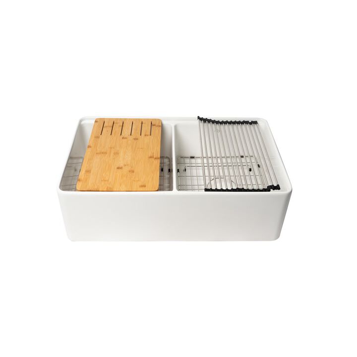 ALFI brand White 33 x 20 Workstation Double Bowl Step Rim Fireclay Farm Sink