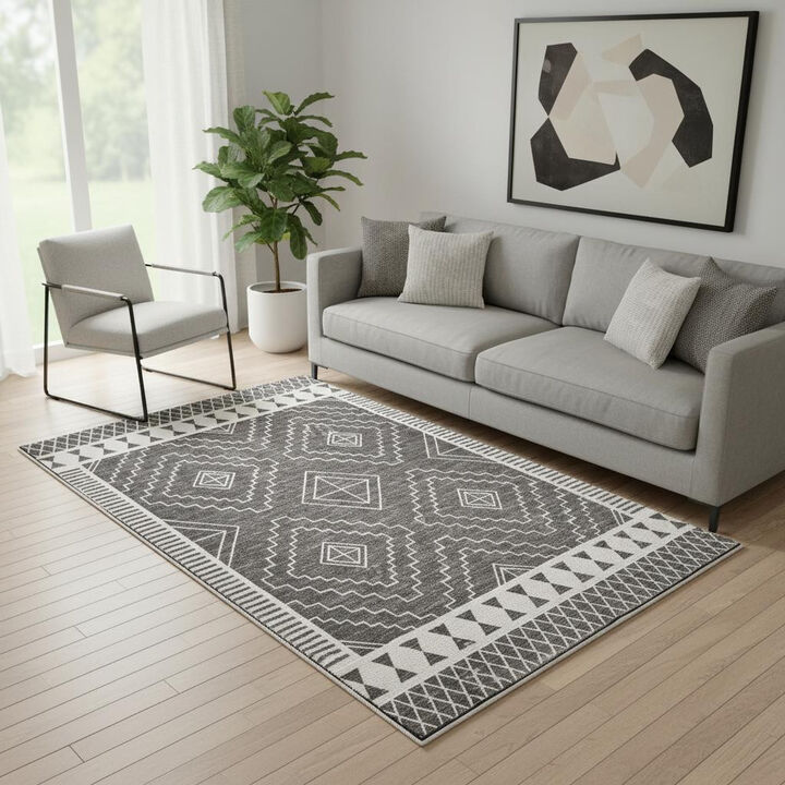 HomeRoots Geometric Distressed Washable Area Rug