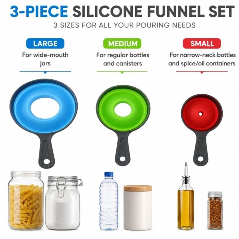 Pack of 3 Collapsible Silicone Kitchen Funnel Set image number 2