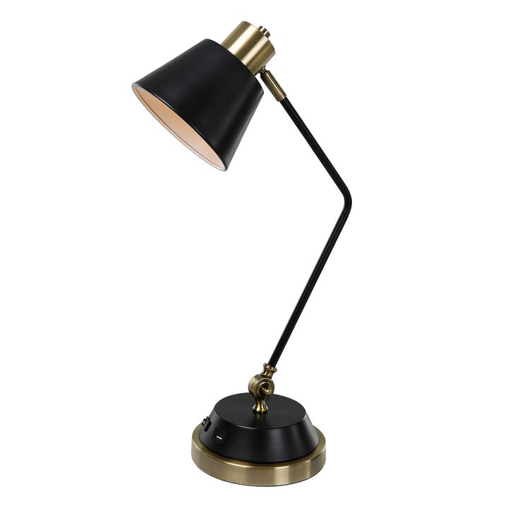 23 Inch Desk Lamp, Adjustable Arm, USB Port, Antique Brass and Black Metal  - Benzara
