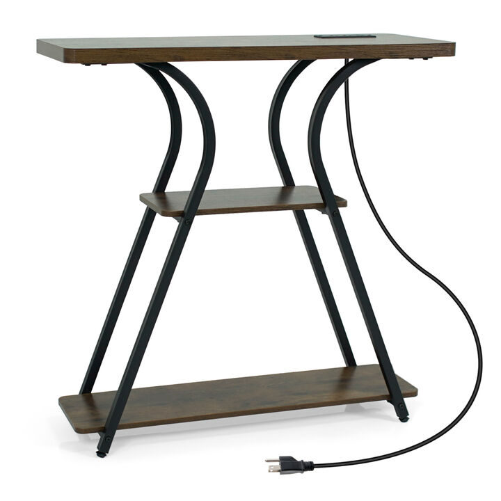 Narrow Console Table with LED Lights and Charging Station for Hallway-Brown
