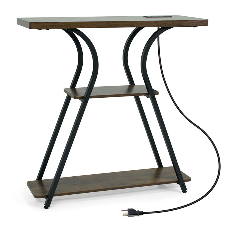 Narrow Console Table with LED Lights and Charging Station for Hallway-Brown image number 0