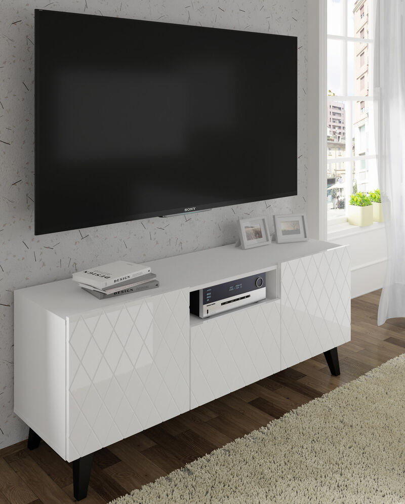 TV Stand DIUNA 3D 57'' Lowboard Milled MDF Fronts, White High Gloss