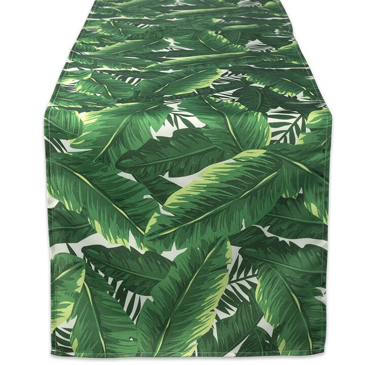 108" Green and White Banana Leaf Outdoor Table Runner