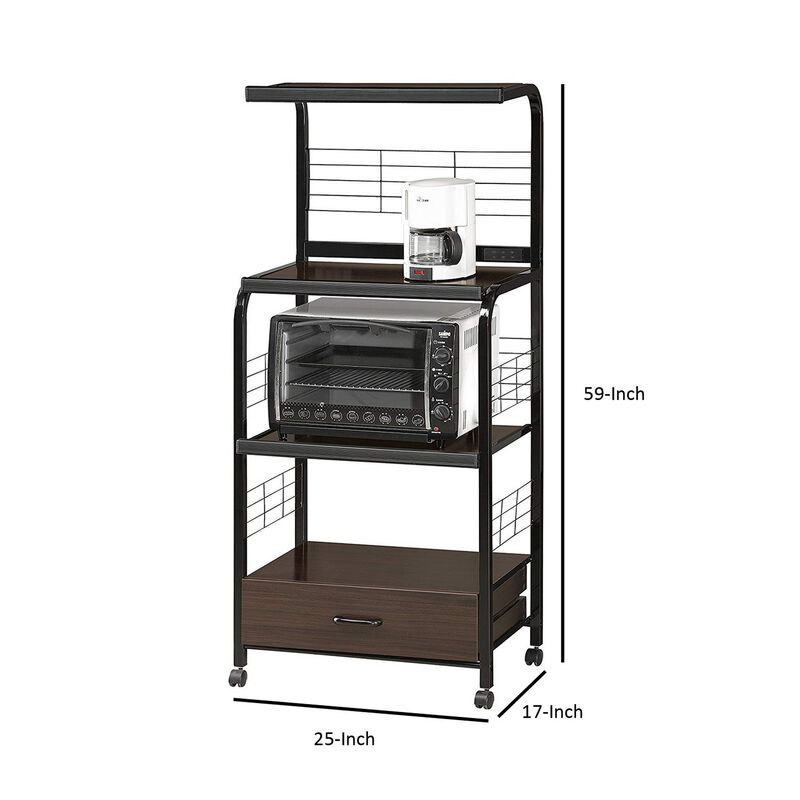 Wood and Metal Kitchen Cart On Casters, Brown and Black-Benzara