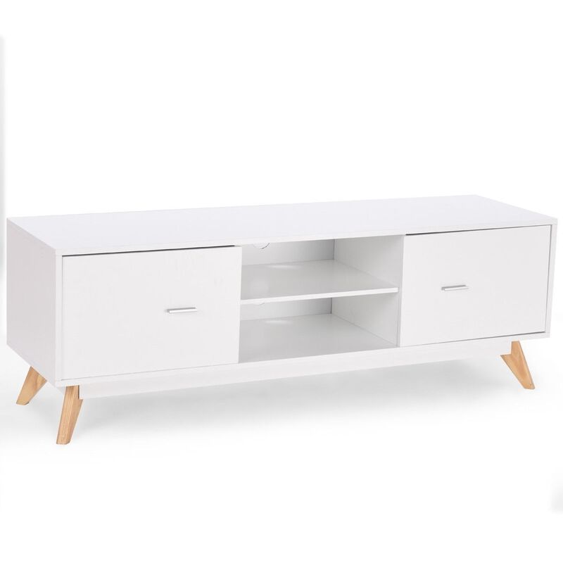 Hivvago Modern Mid Century Style White TV Stand with Wood Legs