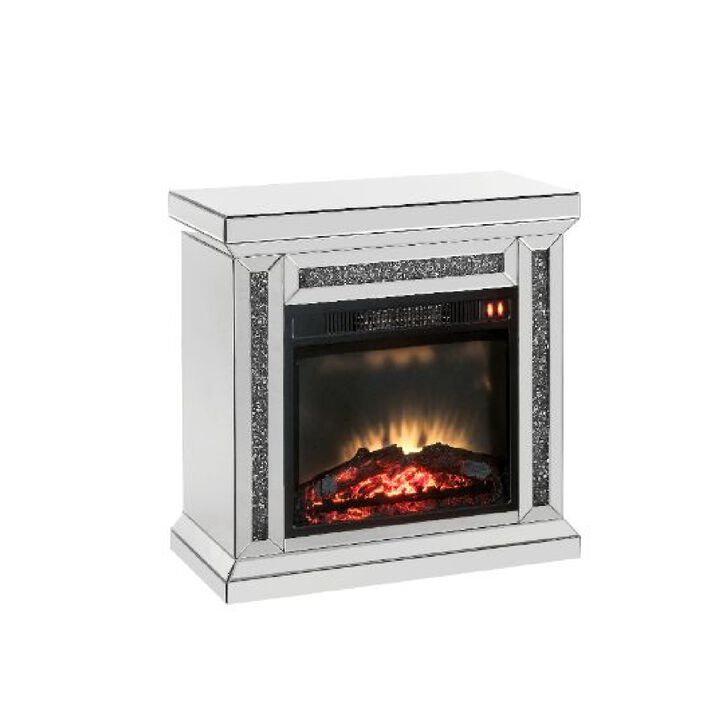 LED Electric Fireplace with Faux Diamond Inlays, Silver - Benzara