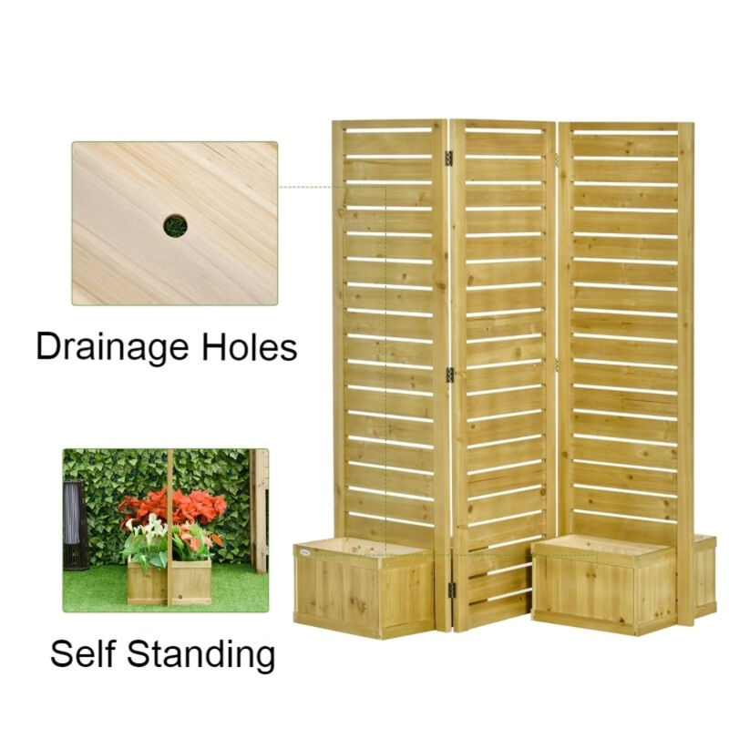 Weather-Resistant Wooden Privacy Screen – Outdoor 3-Panel Fir Divider with 4 Planters