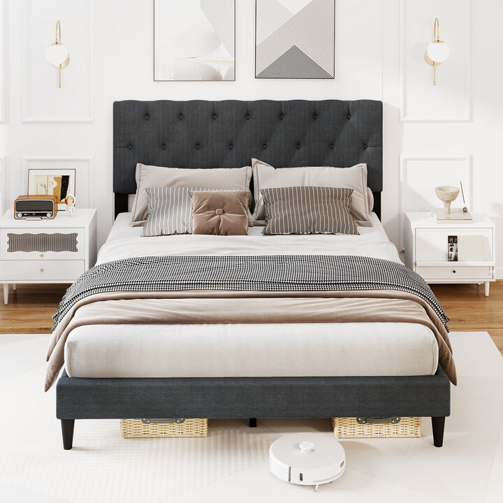 Upholstered Platform Bed with Tufted Headboard and Sturdy Wooden Slats