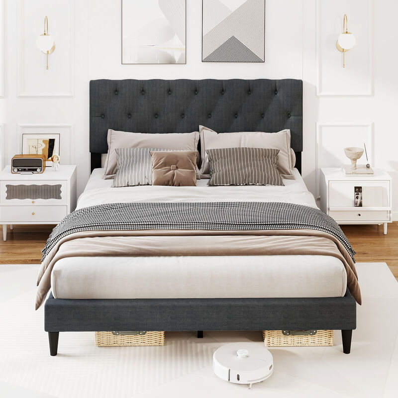Upholstered Platform Bed with Tufted Headboard and Sturdy Wooden Slats