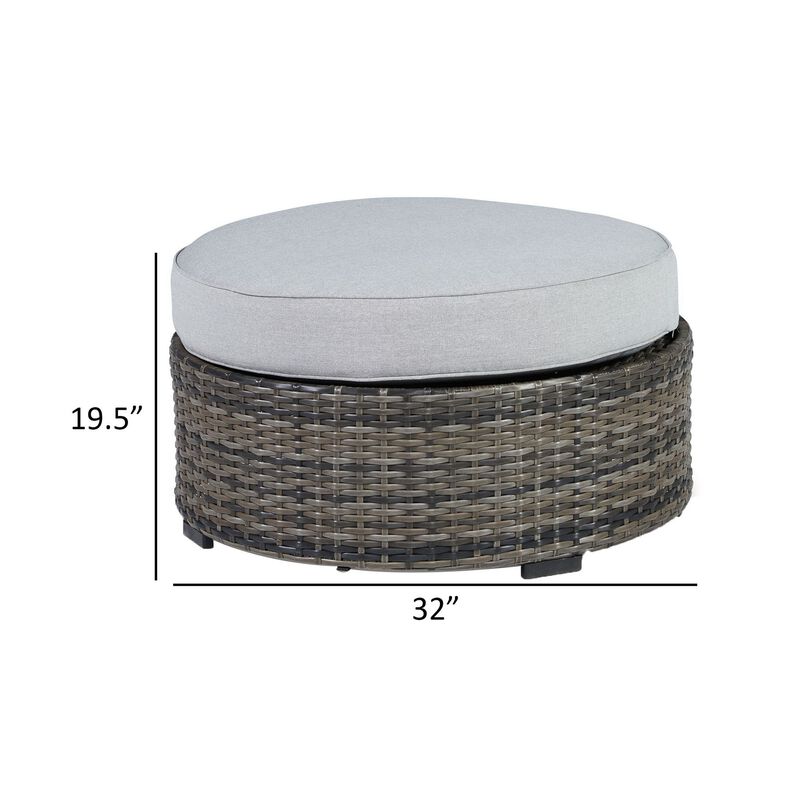 Saki 32 Inch Outdoor Ottoman, Round Cushion, Wicker, Light Gray Fabric - Benzara