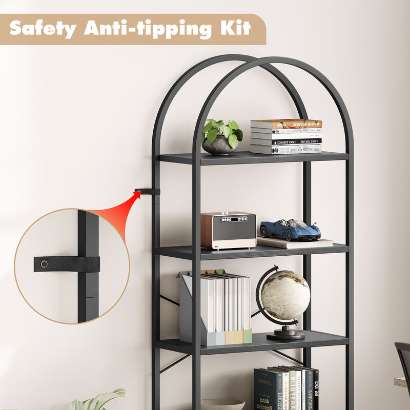 Modern Industrial Arched 5-Tier Open Bookshelf, Curved Metal Frame Freestanding Storage Display Shelf for Living Room, Bedroom & Home Office image number 3