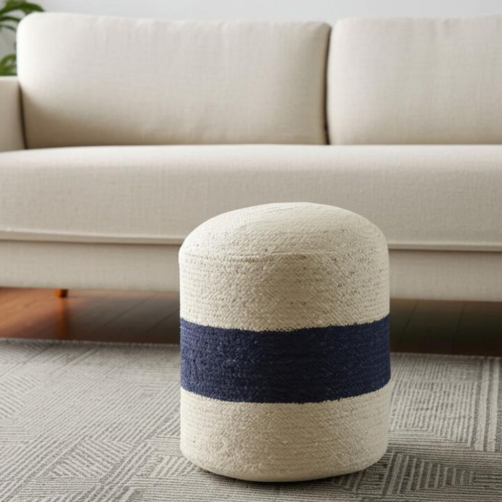 Hivvago 18 Inch Off White And Navy Blue Jute Blend Cylinder Striped Pouf Ottoman