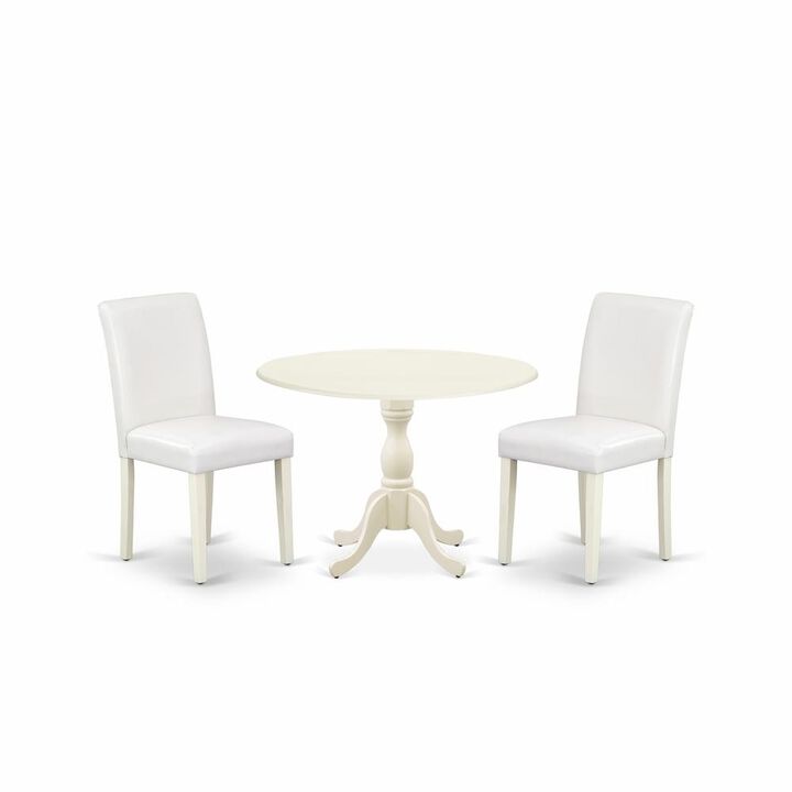 East West Furniture DMAB3-LWH-64 3 Piece Dining Room Set Includes 1 Drop Leaves Dining Table and 2 White PU Leather Upholstered Dining Chairs with High Back - Linen White Finish
