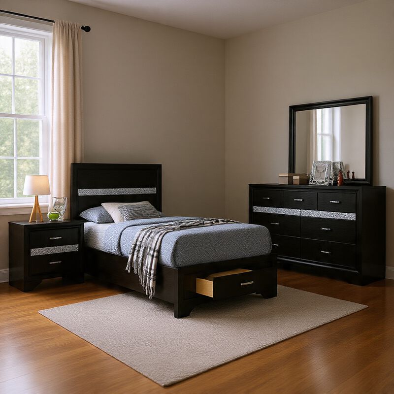 Vino 4pc Twin Bedroom Set, Storage Footboard, Black, Glitter Stripes image number 6