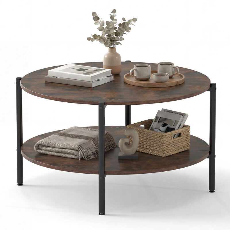 2 Tier Round Industrial Coffee Table with Open Storage Shelf-Rustic Brown image number 3