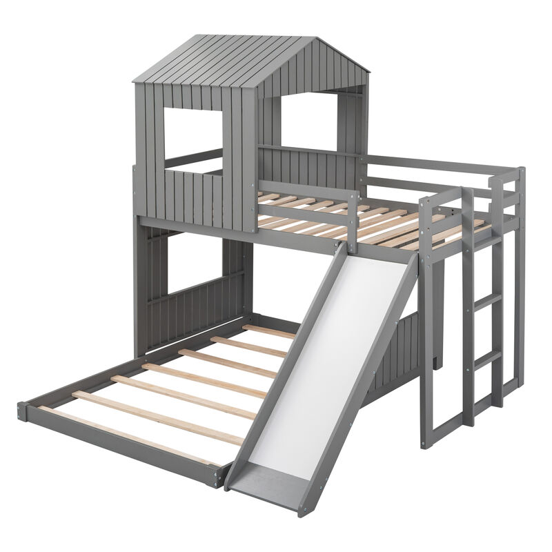 Wooden Twin Over Full Bunk Bed, Loft Bed With Playhouse, Farmhouse, Ladder, Slide And Guardrail image number 4