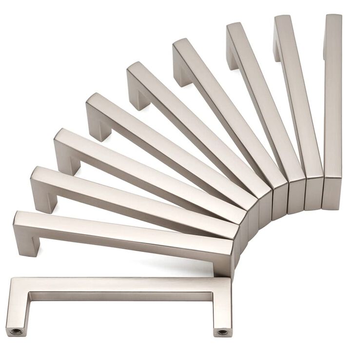 KOOFIZO Solid Square Bar Cabinet Handle - Brushed Nickel Furniture Pull, 3.8 Inch/96mm Screwhole Distance, 10-Pack for Kitchen C