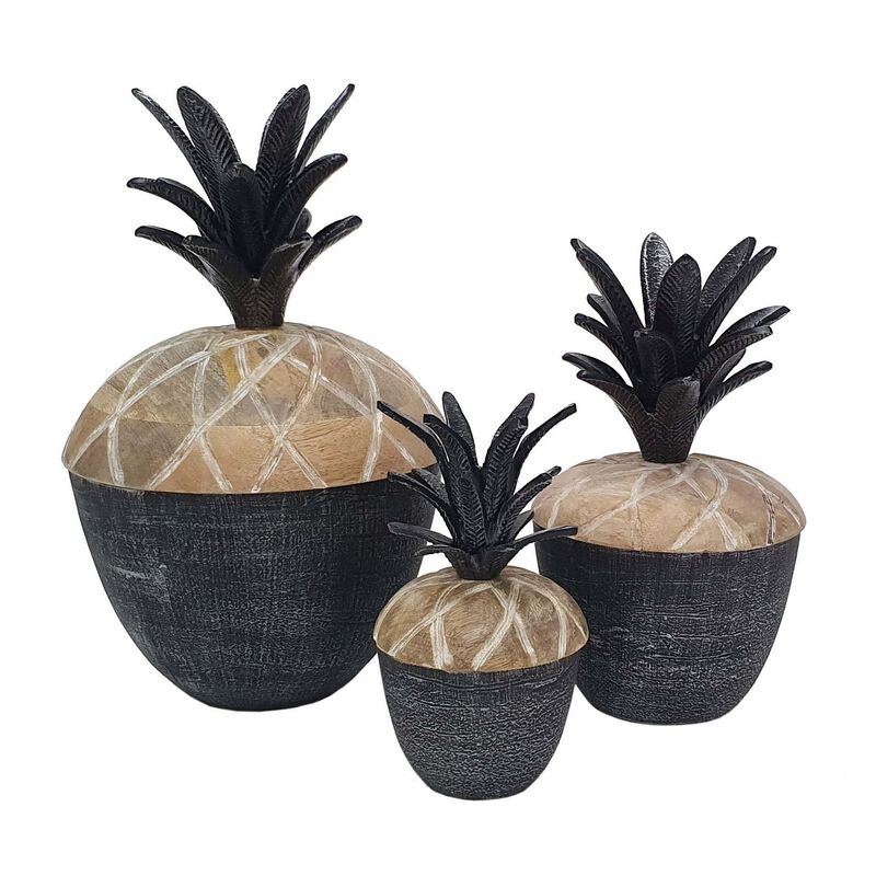 14, 12, 11 Inch Lidded Jar, Pineapple Design, Gray Mango Wood, Set of 3 - Benzara