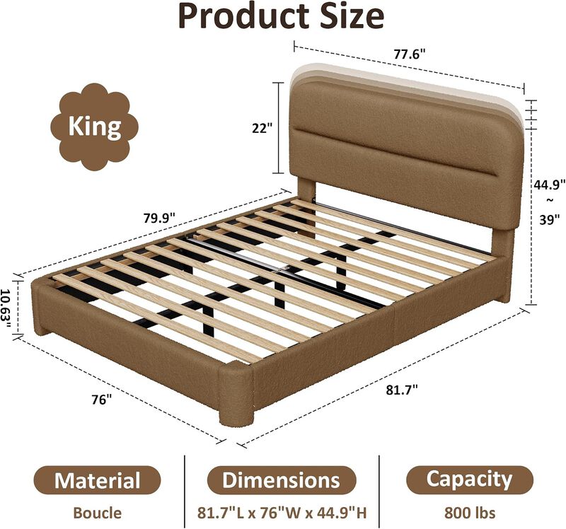 Vipbear Upholstered Boucle Platform Bed Frame with Adjustable Wide Headboard, Wooden Slats, Coffee image number 1