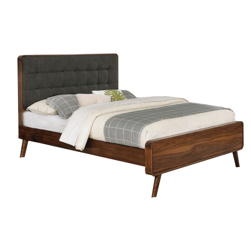 Wooden California King Size Bed with Tufted Headboard, Gray and Brown-Benzara