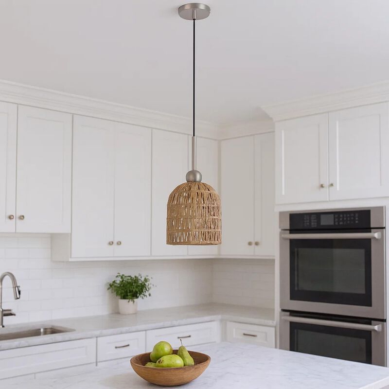 8 Inch Dia. Pendant Ceiling Light Fixture, Rope Woven Shade, Brown, Chrome - Benzara image number 6