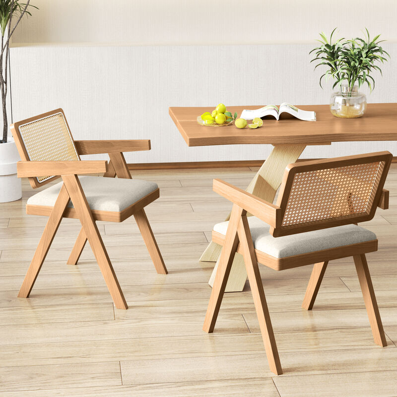 Coastal Style Rattan Accent Chairs with Cushions and Rubber Wood Legs, Set of 2