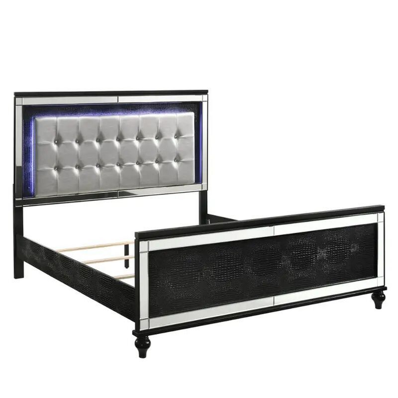 Lee Queen Size Bed, LED, Tufted Faux Leather Upholstery, Textured Black - Benzara