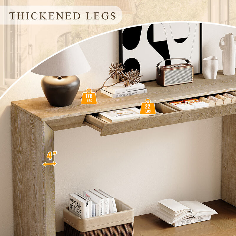 Whisen 60" Modern Farmhouse Console Table with 2 Concealed Drawers, MDF Solid Wood Veneer, Waterfall Edge for Living Room Entryway Hallway image number 7