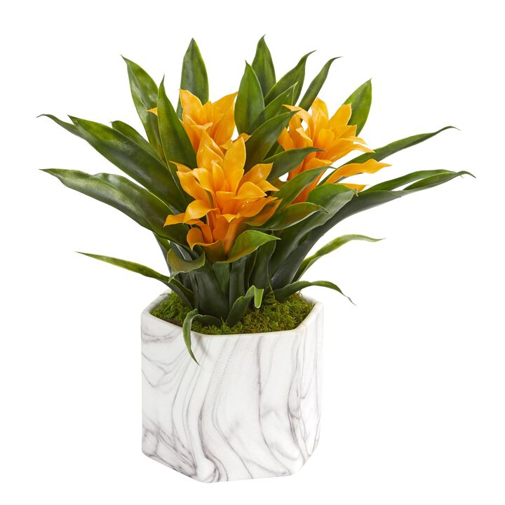 HomPlanti Bromeliad Artificial Plant in Marble Finished Vase - Yellow