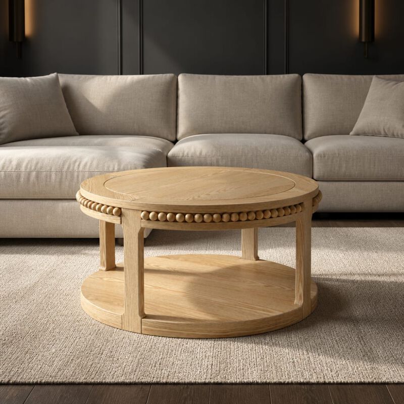 GOODSILO 31.5 Inch Two-Tier Round Solid Wood Coffee Table and Sofa Table Sturdy Thickened Top Heavy-Duty Circle Accent Table for Living Room Lounge and Sofa Areas image number 3