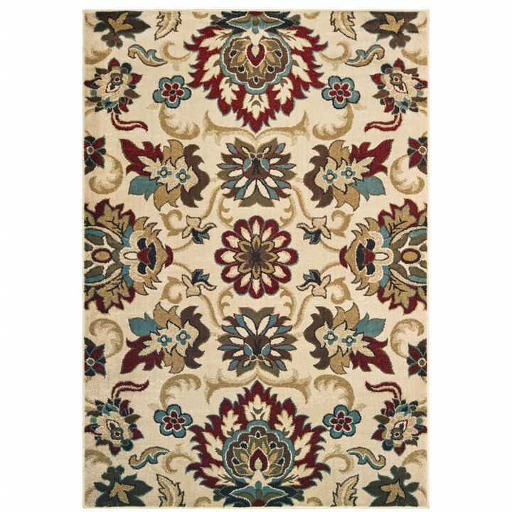 HomeRoots  Ivory & Red Floral Vines Area Rug