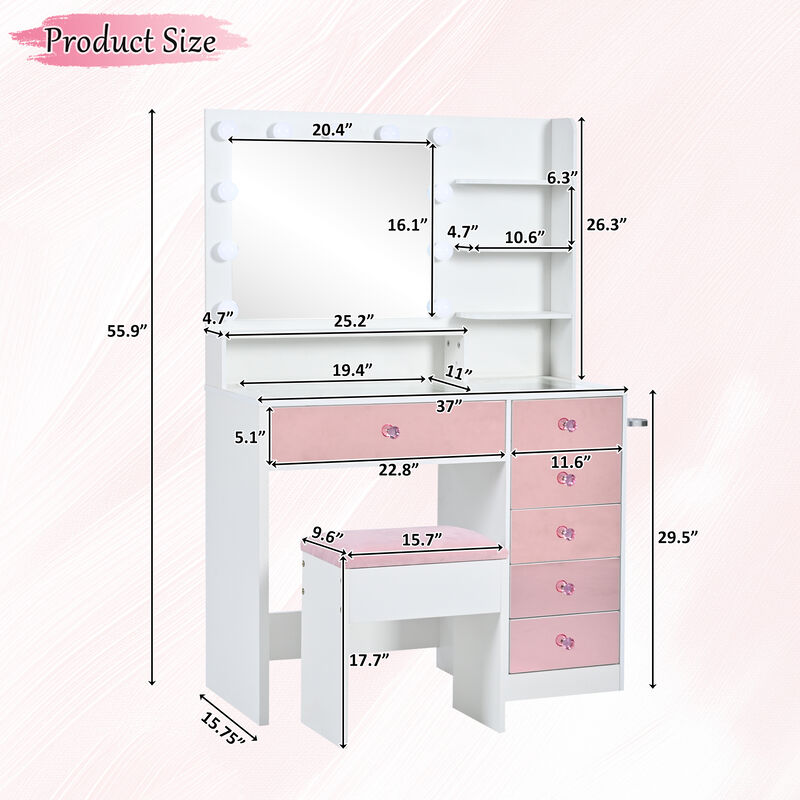 Whisen 37" Vanity Set with 11 Bulbs & 6 Drawers, Glass Top, USB Charging, MDF Dressing Table for Bedroom image number 9