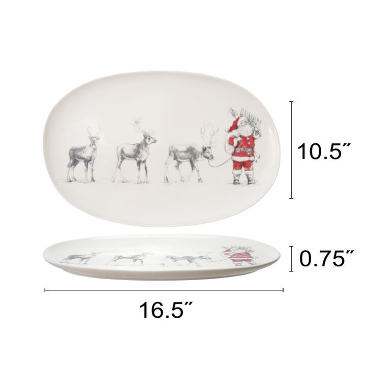 Oval Stoneware Serving Platter with Santa Leading Reindeer Image, Red, Black and White