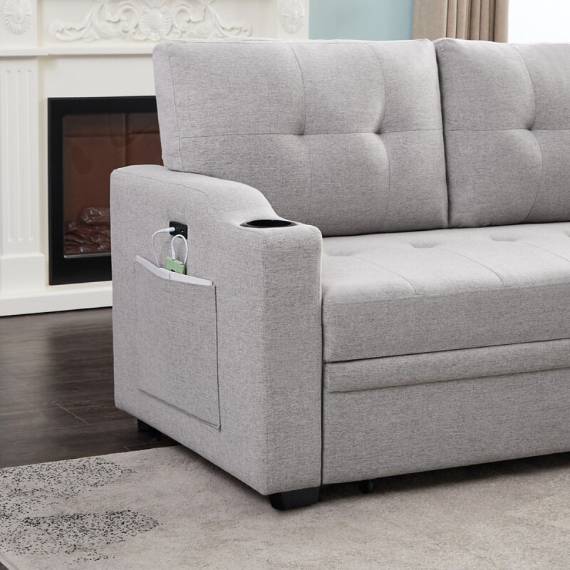 Mabel Light Gray Linen Fabric Sleeper Sectional with cup holder, USB charging port and pocket